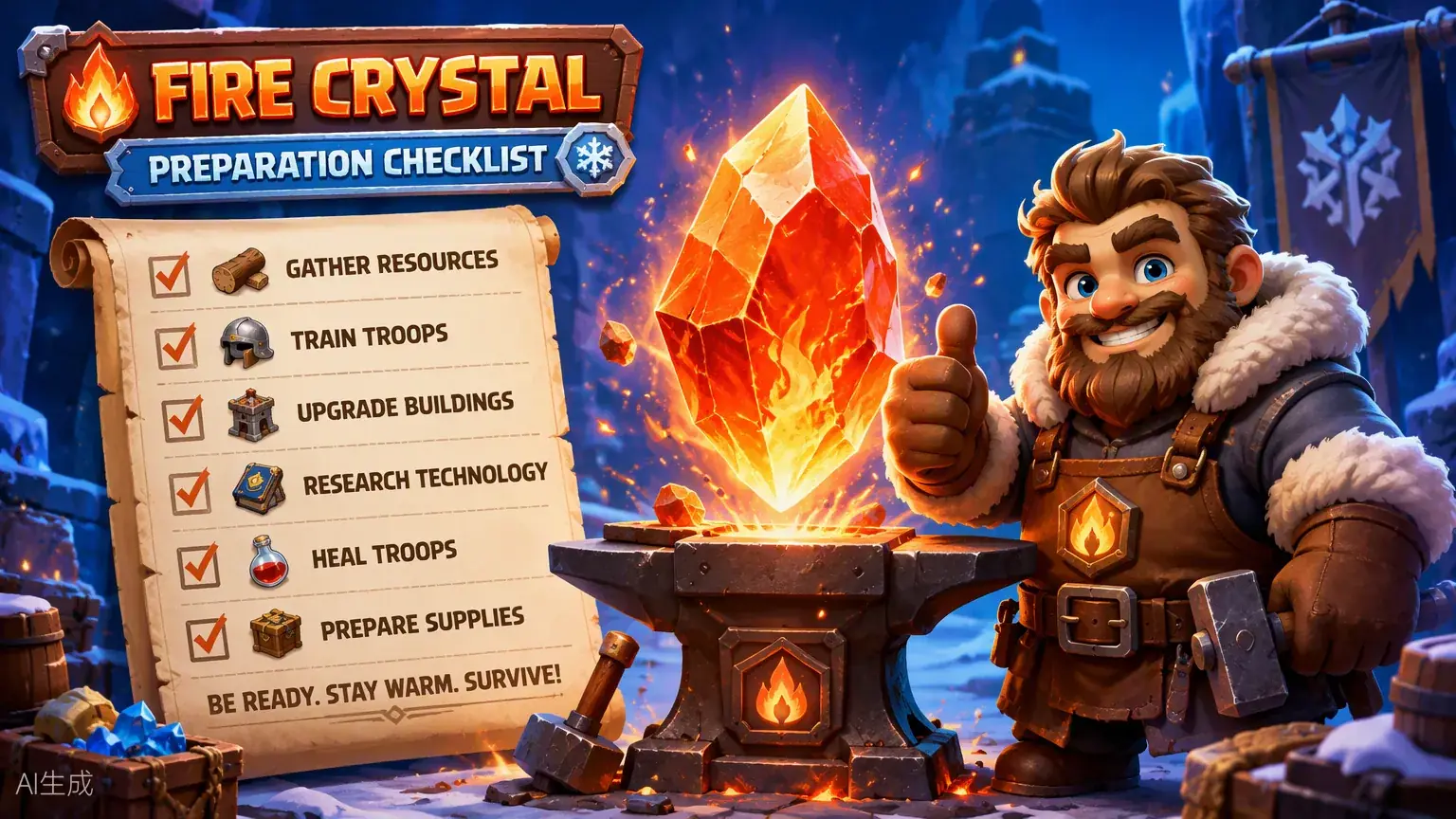 Fire Crystal Day 90, 130 and 180 Checklist — Whiteout Survival PAWNS Guide — illustrated guide cover