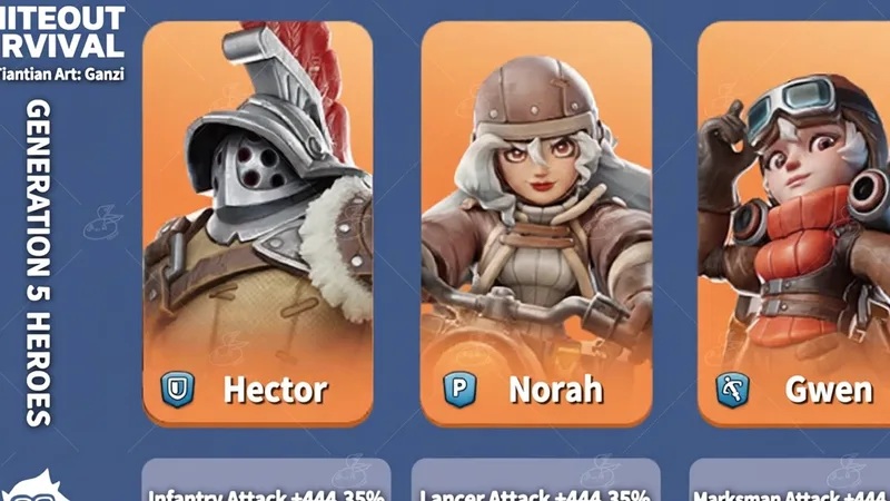 Whiteout Survival Generation 5 heroes — Hector · Norah · Gwen